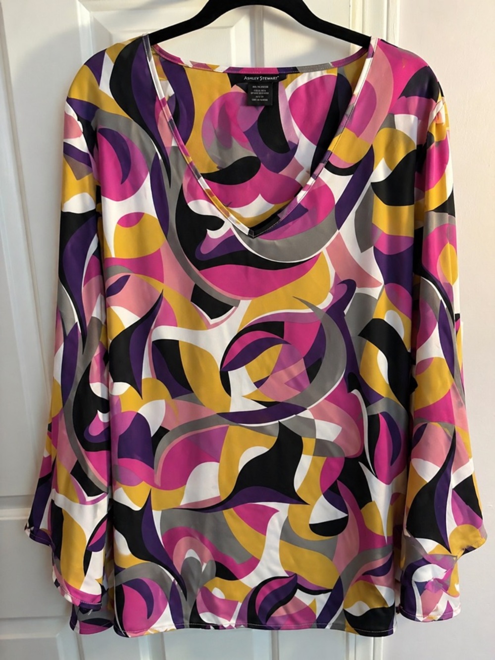 Ashley Stewart Pink Yellow Black Abstract V Neck Blouse waterfall sleeves